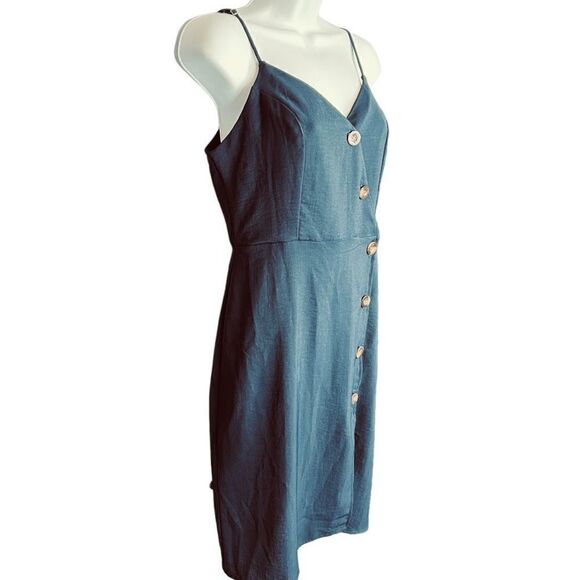 Timing Women’s Asymmetrical Button Up Spaghetti Strap Navy Blue Dress Sz S - Picture 7 of 12